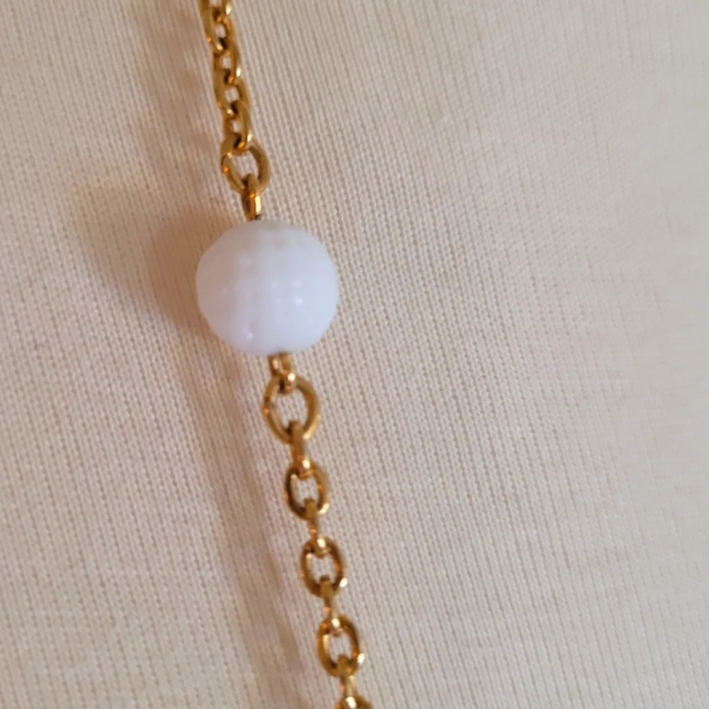 Vintage White Carved‎ Glass Bead and Gold Chain Necklace